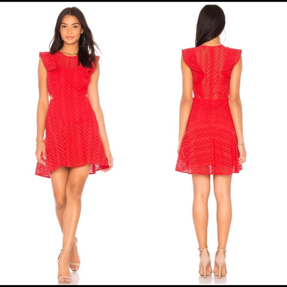 Bardot Revolve Red Crochet Lace Ruffle Dress